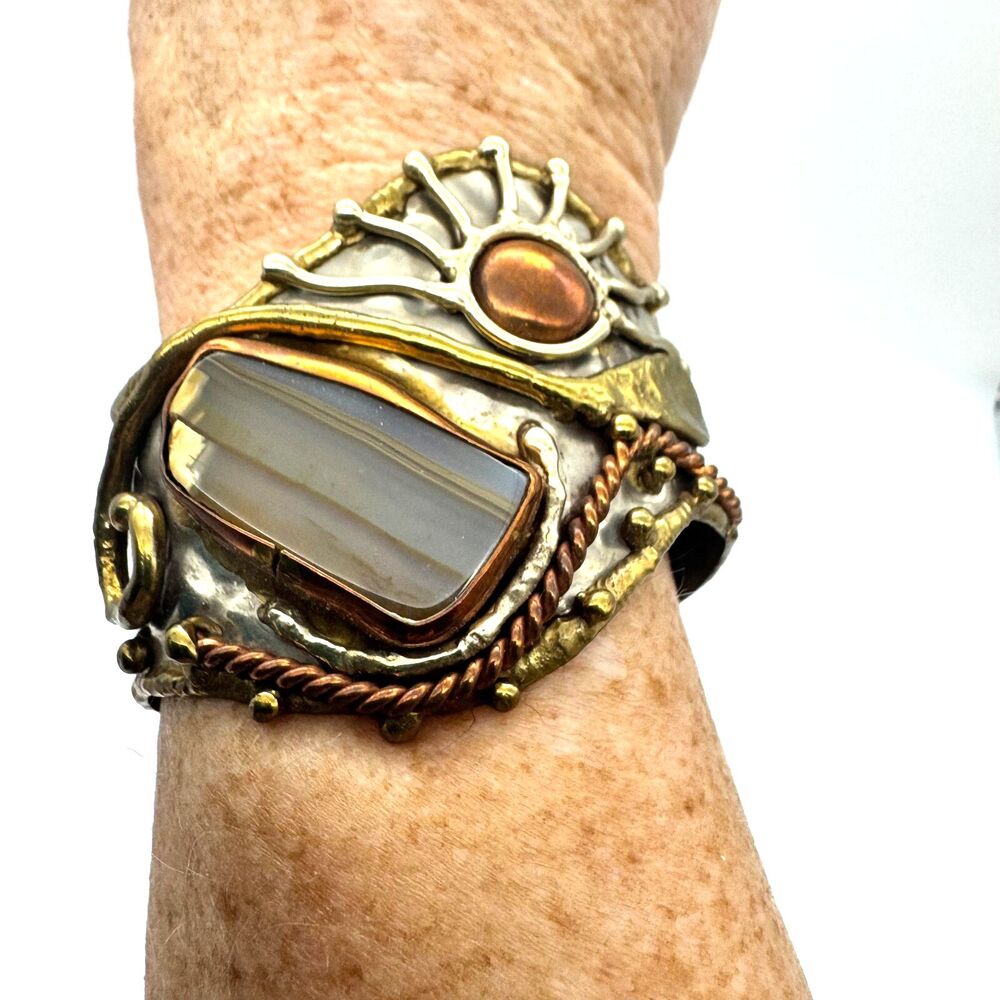 Vintage‎ Wide Cuff Brutalist Bracelet Silver Copper Bronze Egyptian Inspired